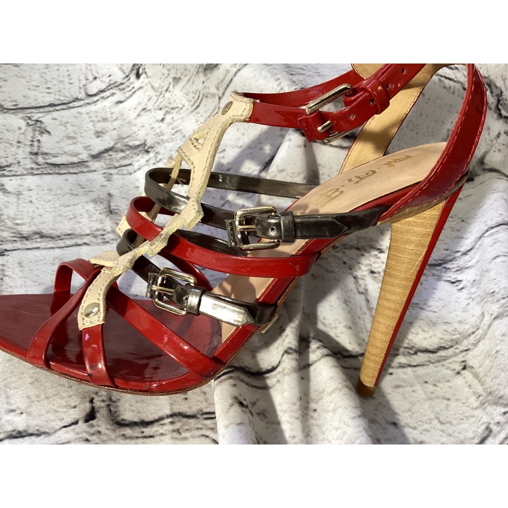 L.A.M.B. Gwen Stefani Red Patent Strappy Buckle Stiletto Sandals Heels 6.5 - Picture 6 of 11